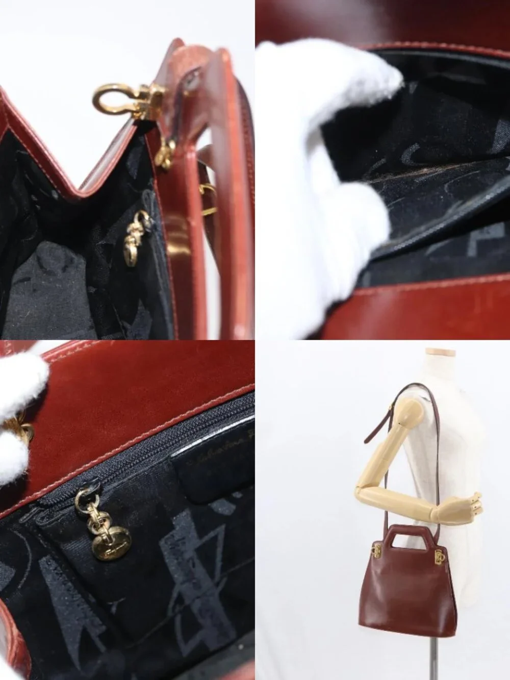 Salvatore Ferragamo Gancini Shoulder Bag Leather Brown Gold Auth 159579